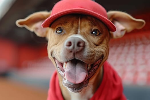 Dog playing and wearing a baseball.