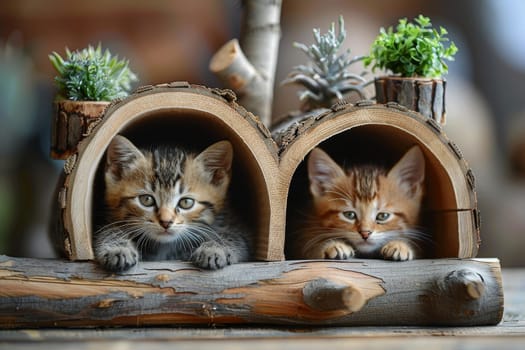 A group of cats are laying on a wooden structure.