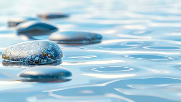 Calm blue water ripples around smooth, sunlit stones