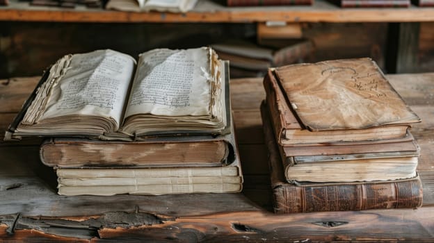 Old books and chronicles on a wooden table AI