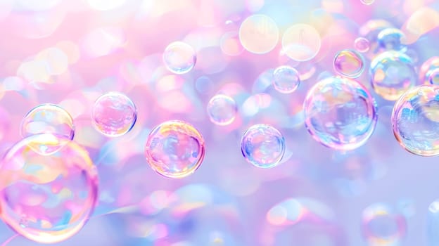 Dreamy pastel bokeh backdrop with floating soap bubbles in soft focus