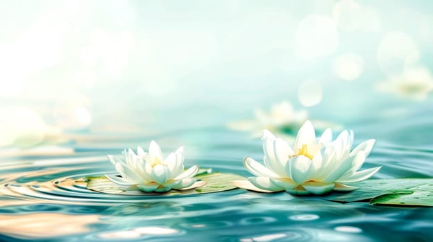 Peaceful scene of white water lilies floating on a calm, sunlit body of water