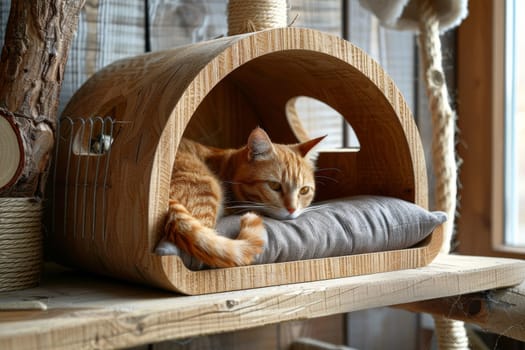 A Cats are laying on a wooden structure.