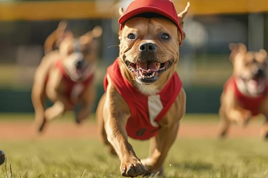 Dog playing and wearing a baseball.