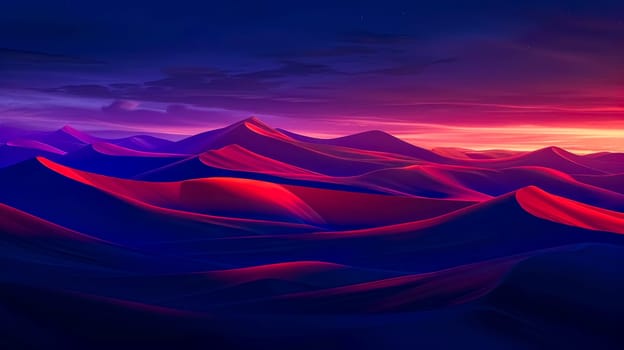 Tranquil and serene desert dunes at twilight. Creating a peaceful and calming panoramic landscape with undulating hills. Rolling sand. And a vivid. Colorful sky in shades of purple and red