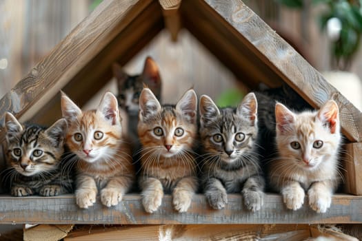 A group of cats are laying on a wooden structure.
