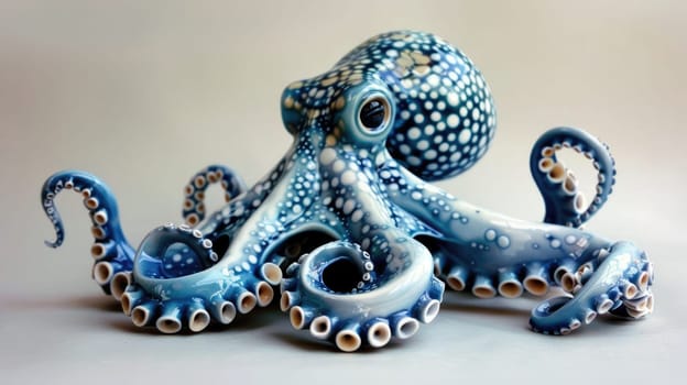 Porcelain figurine of an octopus, in blue and pearlescent tones AI