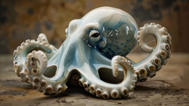 Porcelain figurine of an octopus, in blue and pearlescent tones AI