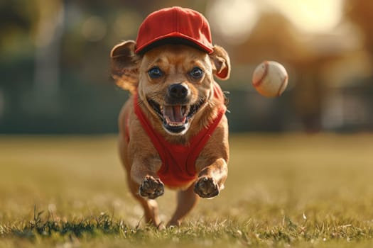 Dog playing and wearing a baseball.