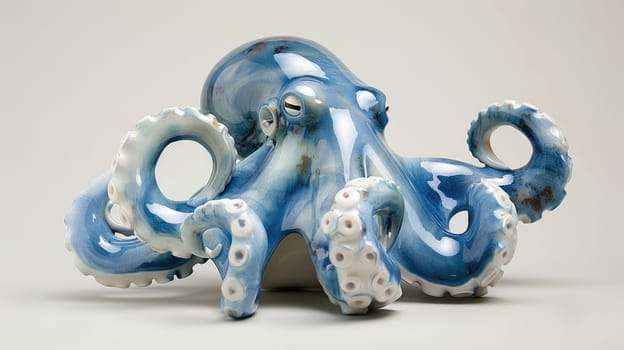Porcelain figurine of an octopus, in blue and pearlescent tones AI