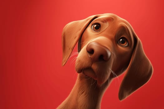 Close-up of a Hungarian fold-eared dog on a red background. 3d illustration.