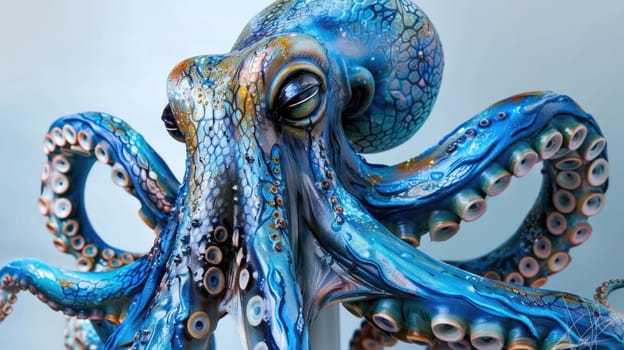 Porcelain figurine of an octopus, in blue and pearlescent tones AI