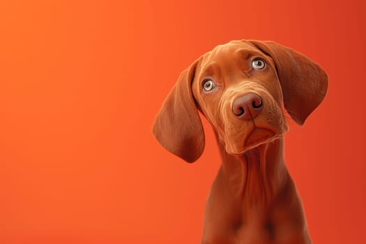 Close-up of a Hungarian fold-eared dog on a red background.