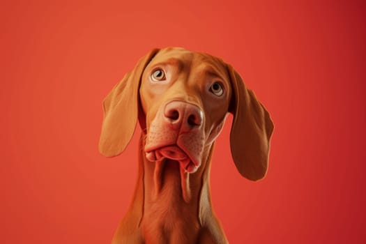 Close-up of a Hungarian fold-eared dog on a red background.