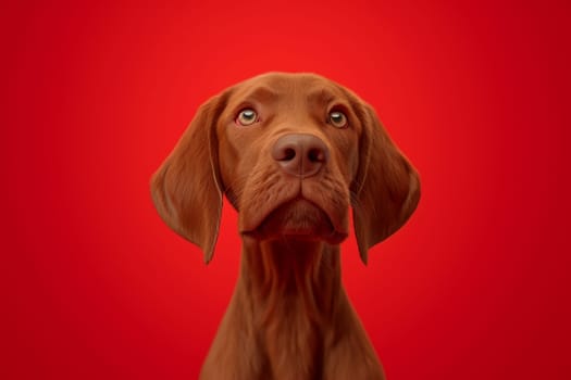 Close-up of a Hungarian fold-eared dog on a red background.