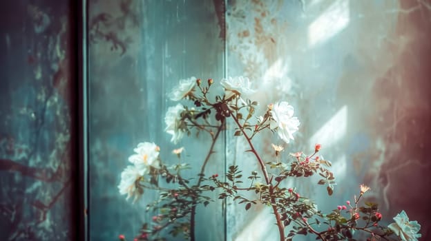 Delicate white roses flourish beside a weathered windowpane, invoking a nostalgic vibe
