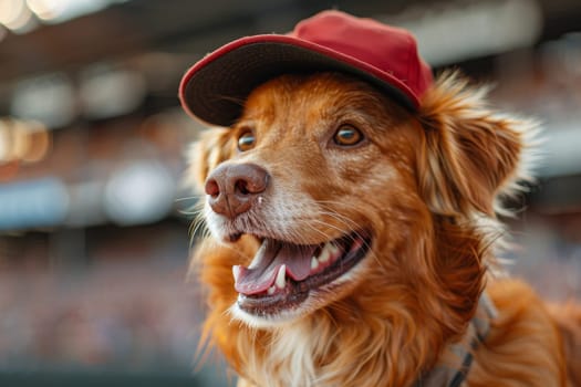 Dog playing and wearing a baseball.