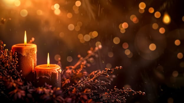 Two candles lit with soft bokeh lights, creating a cozy, festive atmosphere
