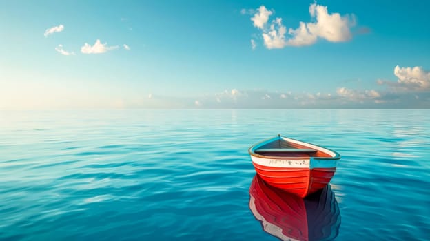 Tranquil image of a solitary red boat floating on a calm blue ocean under a clear sky
