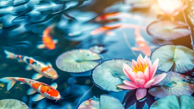 Tranquil koi pond with colorful fish swimming among water lilies in a peaceful setting