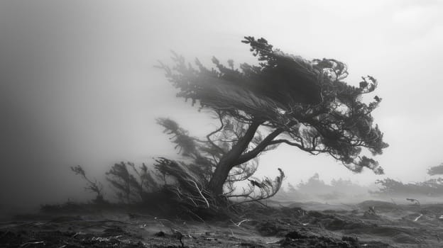 Strong wind and hurricane, trees bend under the force of the wind. AI