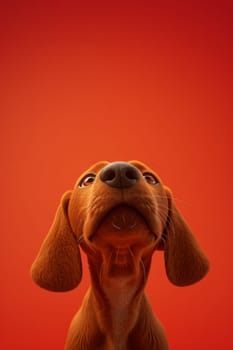 Close-up of a Hungarian fold-eared dog on a red background.