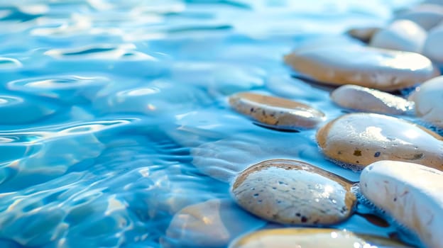Close-up of smooth pebbles partially submerged in clear, serene blue water