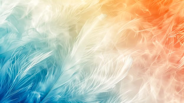 Vibrant and soft close-up of colorful feathers creating a dreamy and ethereal abstract background with delicate and fluffy texture in bright blue and orange hues