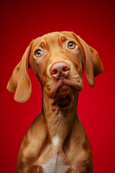 Close-up of a Hungarian fold-eared dog on a red background.