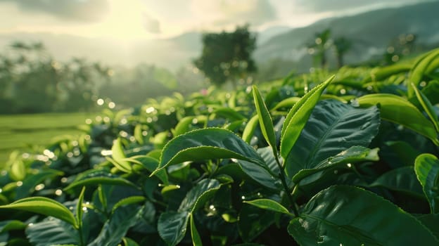 Green tea bud and leaves. Tea plantations. Tea leaves on a plantation AI