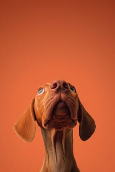 Close-up of a Hungarian fold-eared dog on a red background.