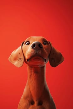 Close-up of a Hungarian fold-eared dog on a red background.