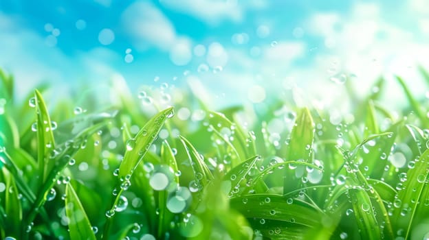 Close-up of water droplets on vibrant green grass with a bright, blue sky in the background
