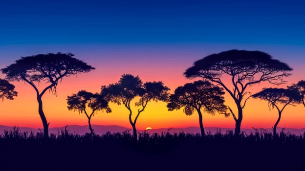 Tranquil african safari: captivating sunset silhouette with acacia trees, vibrant colors, and serene dusk landscape
