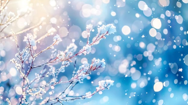 Delicate branches dusted with fresh snow against a sparkling blue bokeh background