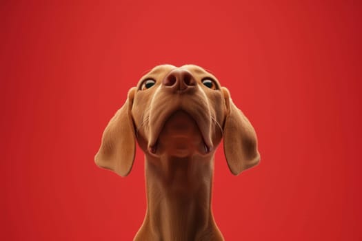 Close-up of a Hungarian fold-eared dog on a red background. 3d illustration.