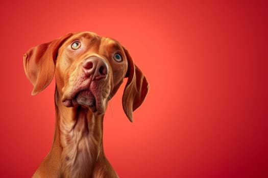 Close-up of a Hungarian fold-eared dog on a red background.