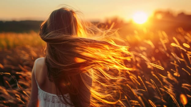 Freedom concept . The wind blows a woman's hair at sunset AI