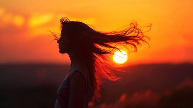 Freedom concept . The wind blows a woman's hair at sunset AI