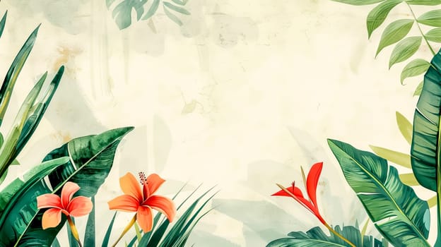 Abstract vintage backdrop with vibrant tropical leaves and exotic flowers