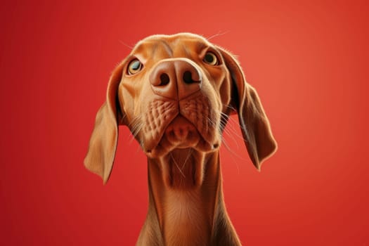 Close-up of a Hungarian fold-eared dog on a red background. 3d illustration.