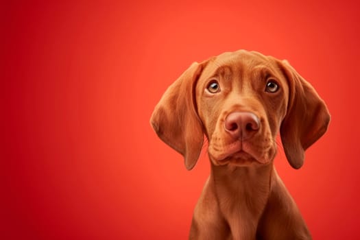 Close-up of a Hungarian fold-eared dog on a red background.