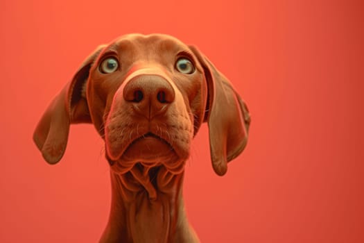 Close-up of a Hungarian fold-eared dog on a red background.