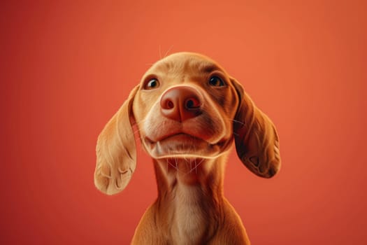 Close-up of a Hungarian fold-eared dog on a red background.