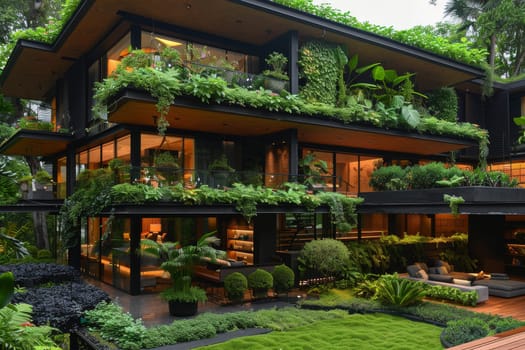 A large house with a green roof and a lush garden.