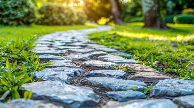 Low-angle view of a stone pathway with vibrant greenery in a peaceful garden during golden hour