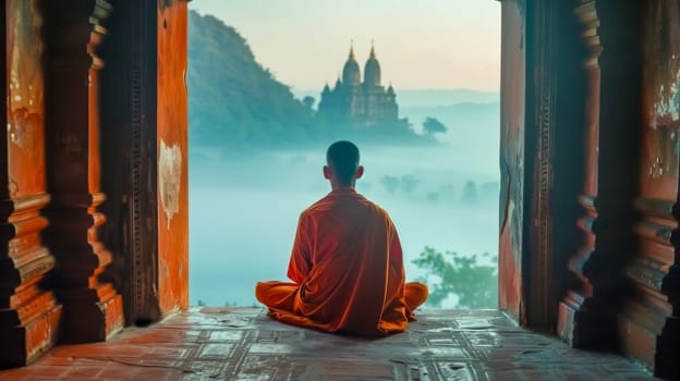 Monk meditates in a peaceful temple doorway overlooking a misty landscape at sunrise