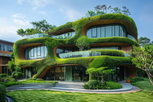 A large house with a green roof and a lush garden.