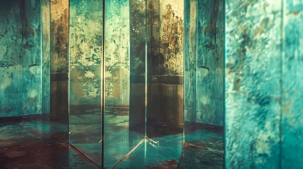 Moody and atmospheric image featuring weathered copper walls with a reflective surface