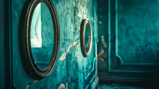 Row of old-fashioned oval mirrors on a peeling turquoise wall, evoking a sense of nostalgia